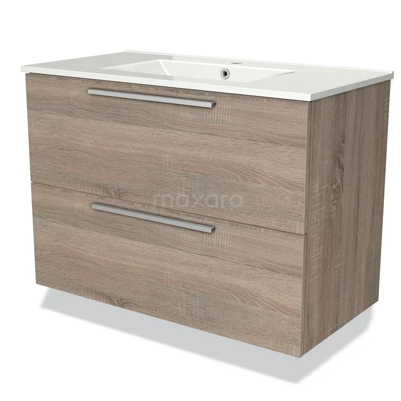 Houten badkamermeubel met twee lades, wit keramische wastafel en moderne handgrepen, ideaal voor stijlvolle badkameropslag.