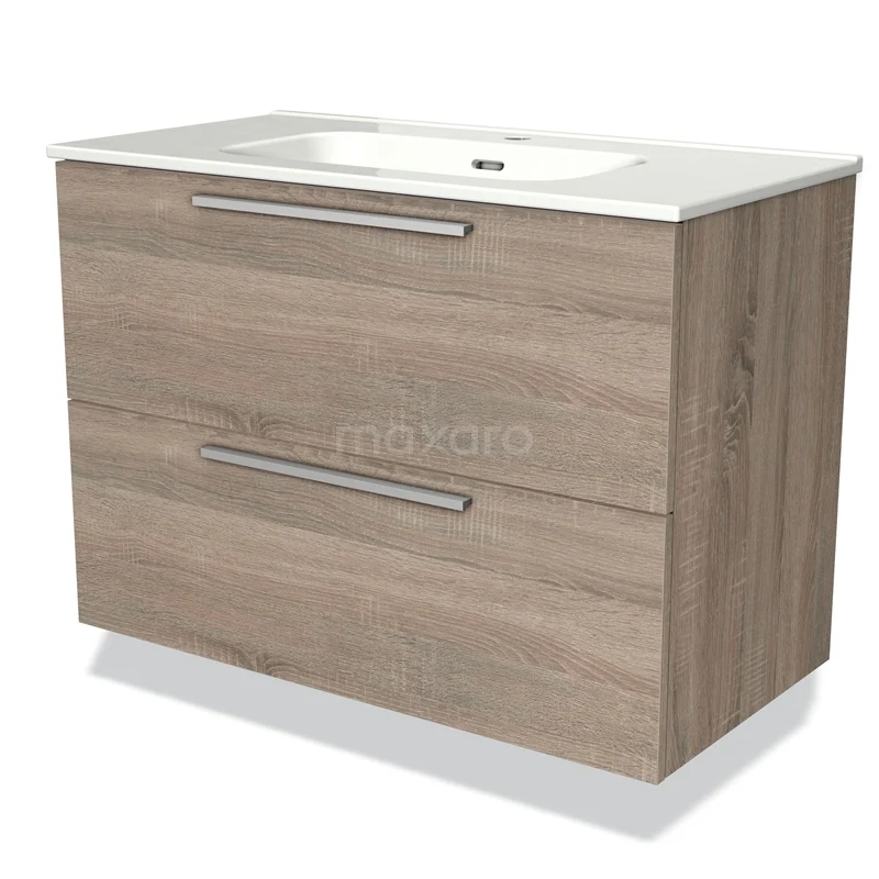 Houten badkamermeubel met twee lades, mat houtmotief en keramische wastafel, ideaal voor moderne badkameropslag.