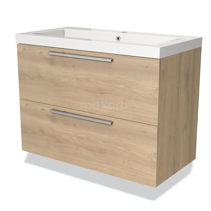 Houten badkamermeubel met onderkast, twee lades en wastafel, licht eiken afwerking, modern design.