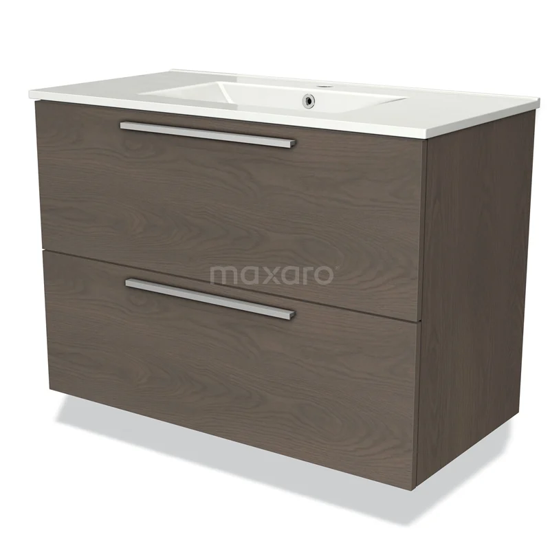 Modulo Vanity units with basin | 90 cm Dark brown oak Flat front Ceramic 2 Stacked drawers BMW17-02227