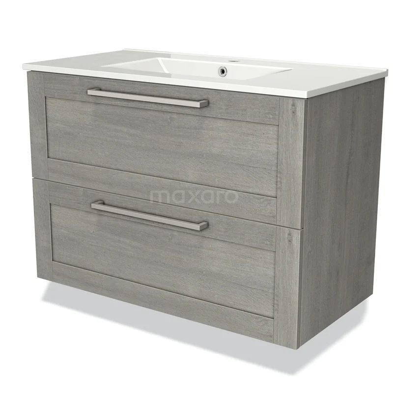 Grey wooden bathroom unit with ceramic vanity units with basin and two spacious drawers, ideal for modern bathroom storage.