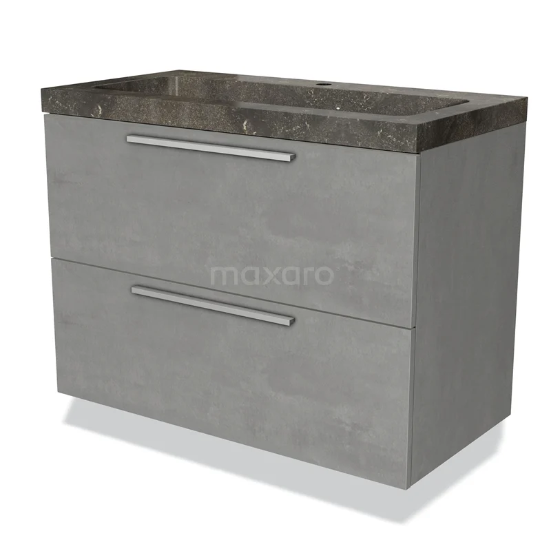 Grijze badkamermeubelset met betonlook, twee lades en een marmeren wasbak, ideaal voor een moderne badkamerstijl.