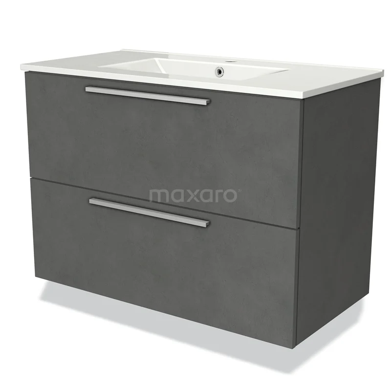 Grijze badmeubelset met dubbele lade, mat afwerking, keramische wastafel en strak design voor moderne badkamers.