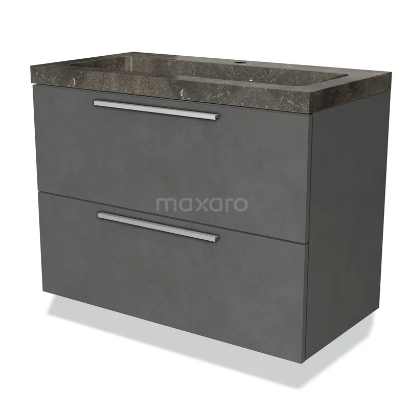 Badmöbel 90cm Modulo Dunkelgrau Beton 2 Schubladen Flaches Waschbecken Naturstein BMW17-02272 Antrazitgraues Badezimmermöbel mit zwei Schubladen, Naturstein-Waschtischplatte, moderne Ausstrahlung, geeignet für luxuriöse Bäder.
