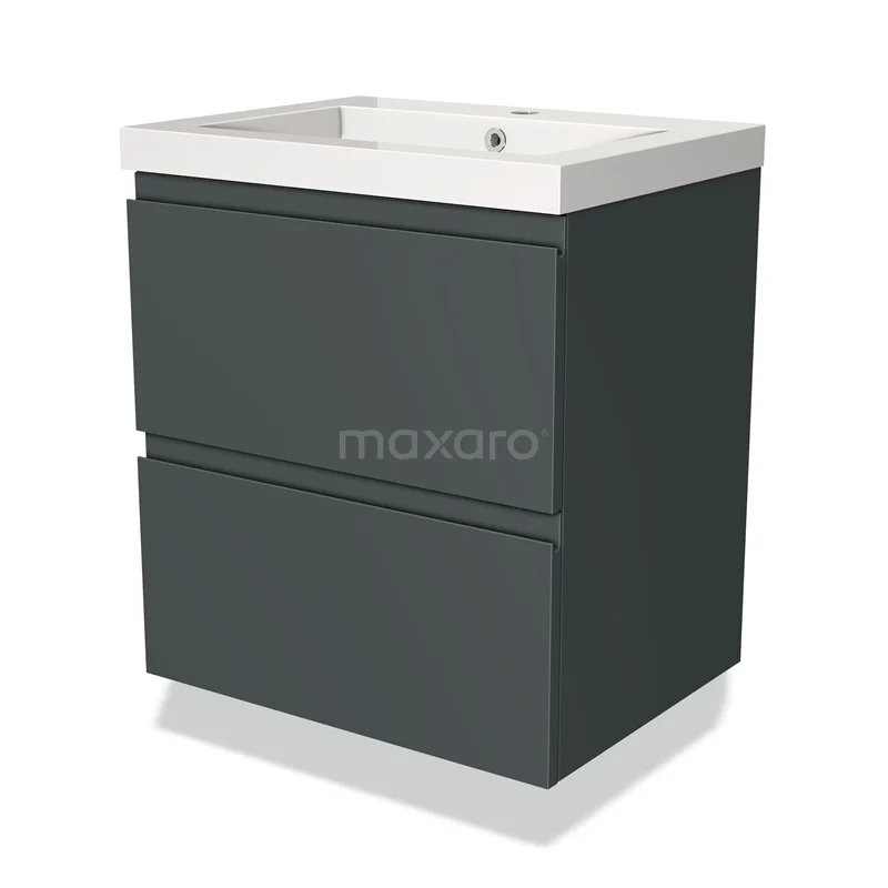 Donkergrijze badkamermeubelset met twee lades, wit wastafelblad en strak modern design.
