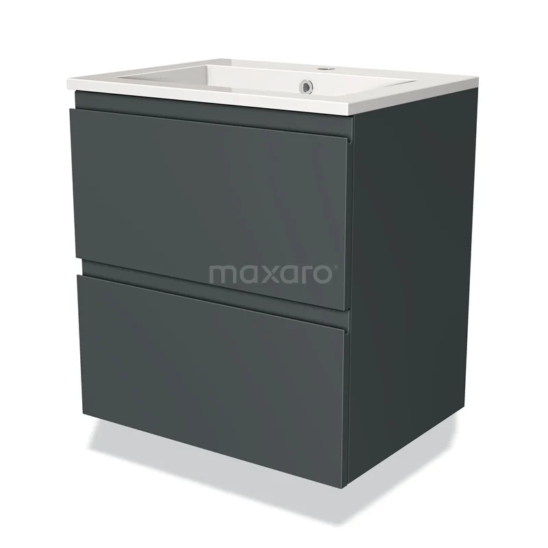 Donkergrijze badkamerkast met twee lades en geïntegreerde wastafel, modern design en gladde afwerking.