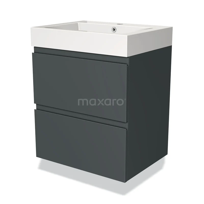 Donkergrijze wastafelonderkast met twee lades en witte keramische wastafel, modern design, ideaal voor elke badkamer.