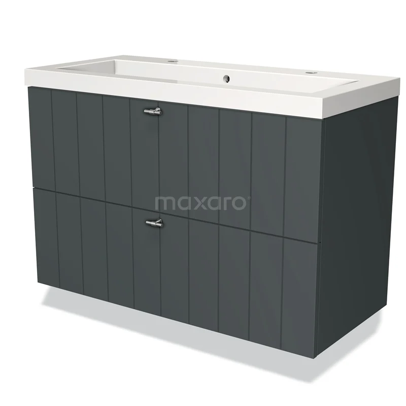 Donkergrijze badkamermeubelset met dubbele lades, verticale groeven en een witte keramische wastafel, modern en strak design.