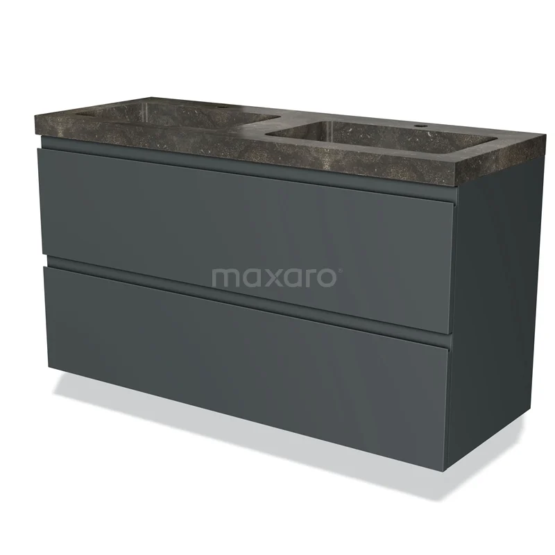 Donkergrijs badkamermeubel met marmeren wastafelblad en geïntegreerde spoelbak, modern design uit premium serie.