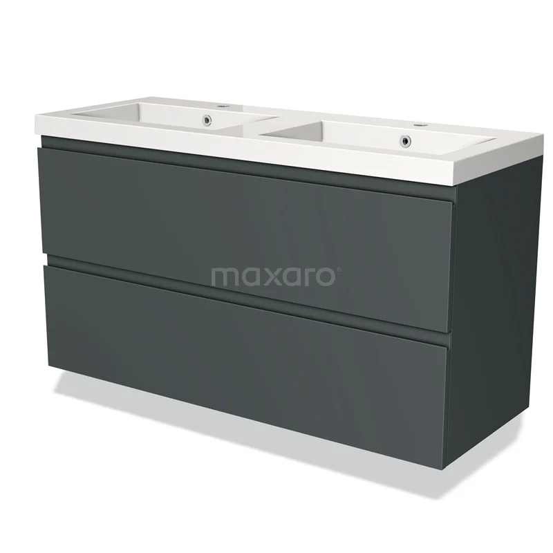 Donkergrijze badmeubelset met dubbele wastafel, modern design, ideaal voor een stijlvolle badkamer inrichting.