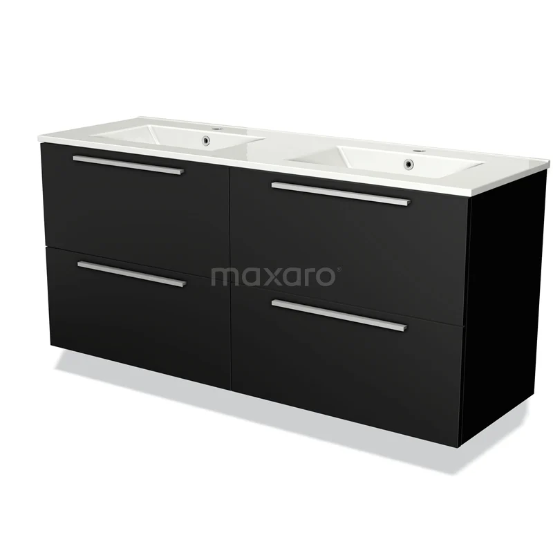 Zwarte dubbele wastafel met vier lades, glanzend afwerking, ideaal voor een moderne badkamer inrichting.