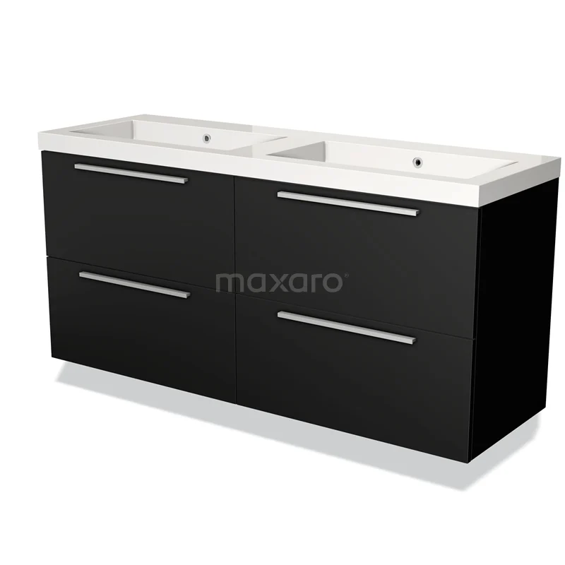 Zwarte dubbele wastafelmeubel met strak design, geïntegreerde witte keramische wasbakken, ideaal voor een moderne badkamer.