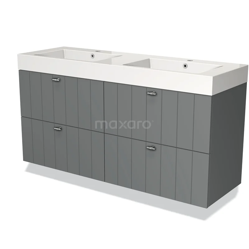 Dubbele wastafelmeubel in grijs houtlook met zes lades, ideaal voor een moderne badkamer inrichting.