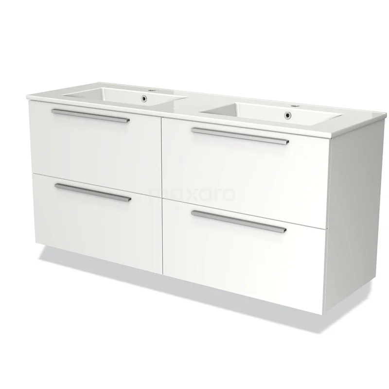 Witte dubbele badkamermeubelset met vier lades, moderne design, ideaal voor opbergruimte in de badkamer.