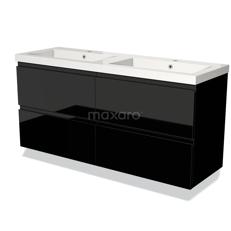 Zwarte dubbele wastafelmeubel met hoogglans afwerking, twee keramische wastafels en ruime lades, stijlvol voor moderne badkamers.