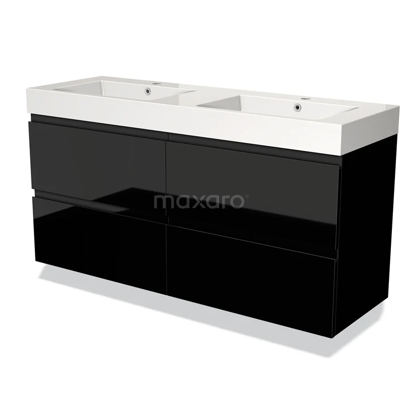 Zwarte dubbele wastafel met glanzende lades, modern design en keramische wasbak, ideaal voor een stijlvolle badkamer.