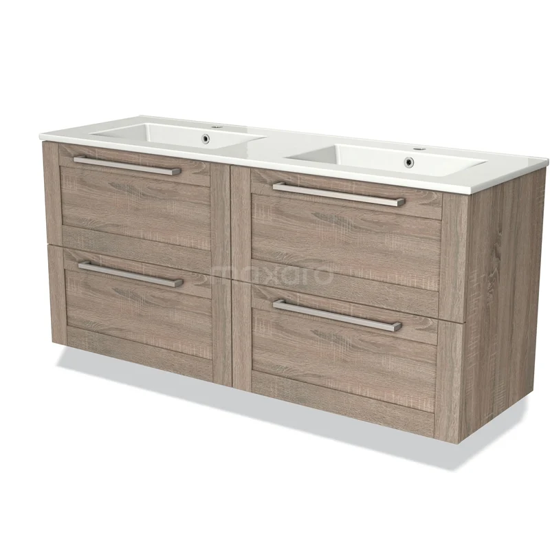 Badmöbel 140 cm Modulo Eiche 4 Schubladen Rahmen Waschbecken Keramik BMW18-00531 Holz Badezimmermöbel mit Doppelwaschbecken, vier Schubladen und modernem Design, ideal für stilvolle Badezimmerlagerung.