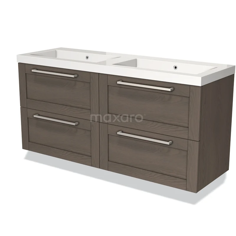 Dubbele wastafelmeubel in houtlook, bruin met 4 lades en chromen handgrepen; stijlvol voor een moderne badkamer.