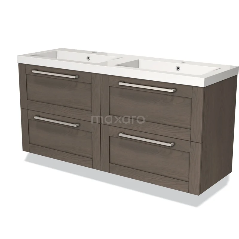 Dubbele wastafel met houten onderkast in bruin, vier lades en moderne handgrepen, perfect voor een stijlvolle badkamer.