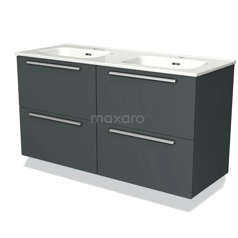 Donkergrijze wastafelonderkast met dubbele wasbak, minimalistisch design en vier lades, ideaal voor een moderne badkamer.