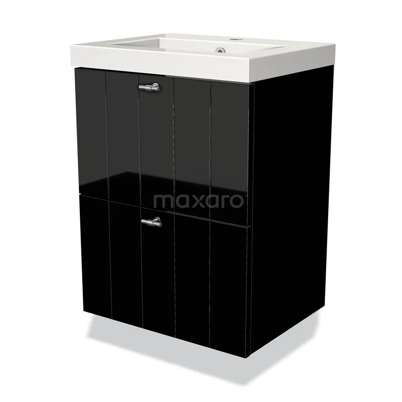 Modulo Slim Vanity units with basin | 50 cm High-gloss black Slat front Mineral marble 2 Stacked drawers BMW37-00033