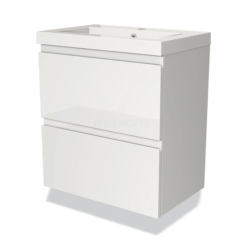 Modulo Slim Vanity units with basin | 60 cm High-gloss white Handle-less front Mineral marble 2 Stacked drawers BMW37-00089