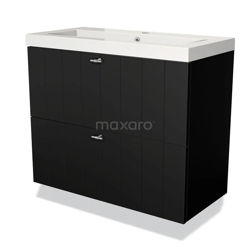 Zwart badkamermeubel met witte wastafel, modern design, twee lades, ideaal voor stijlvolle badkameropslag.