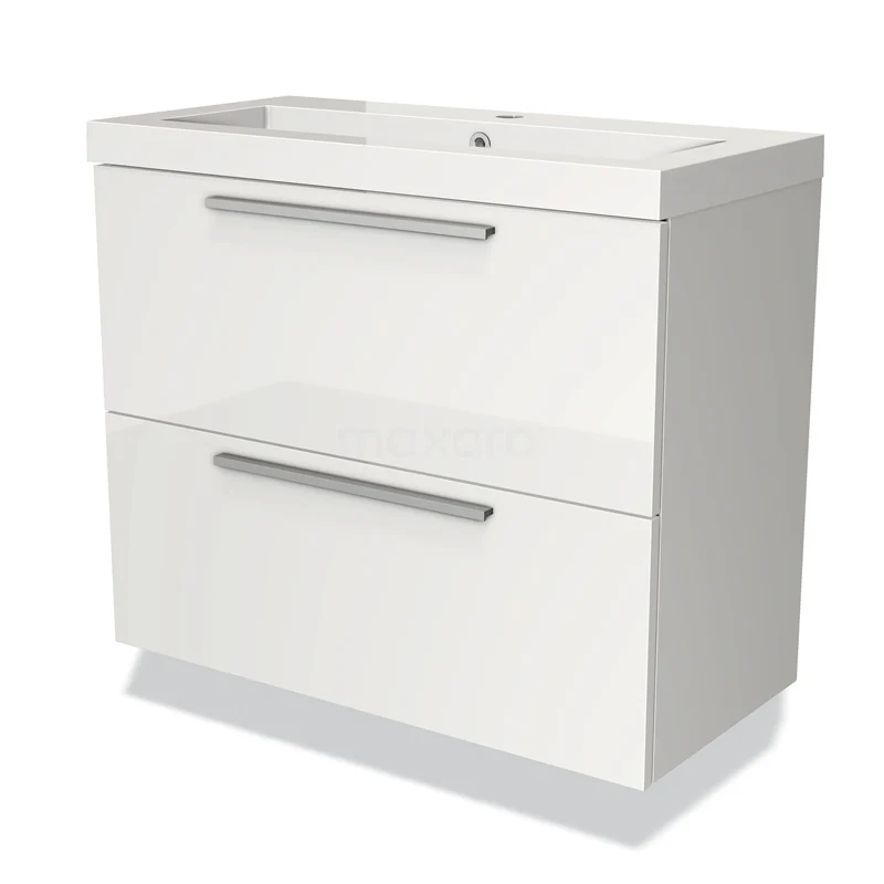 Wit badkamermeubel met twee lades, strakke handgrepen en keramische wastafel, ideaal voor moderne badkamerinrichting.