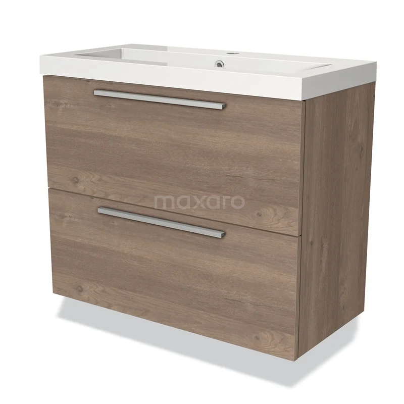 Houten wastafelmeubel met twee softclose lades, wit keramische wastafel en moderne handgrepen, ideaal voor een stijlvol badkamerontwerp.