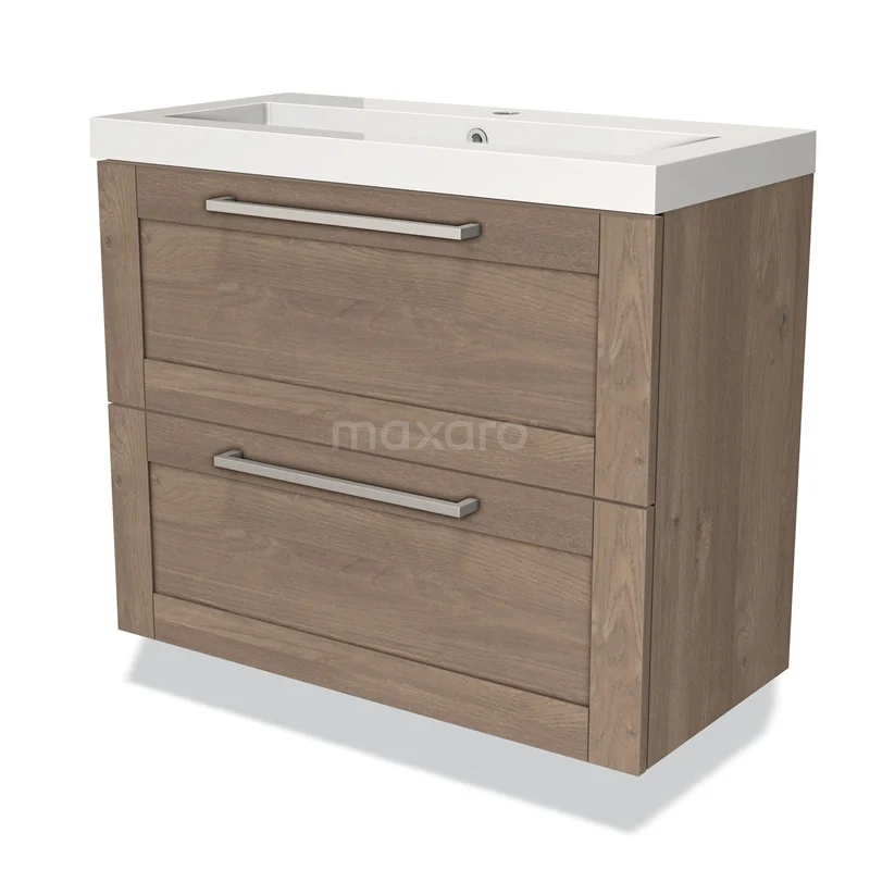 Houten badkamermeubel met dubbele lades en witte wastafel, moderne stijl, ideaal voor een stijlvolle badkameropslag.