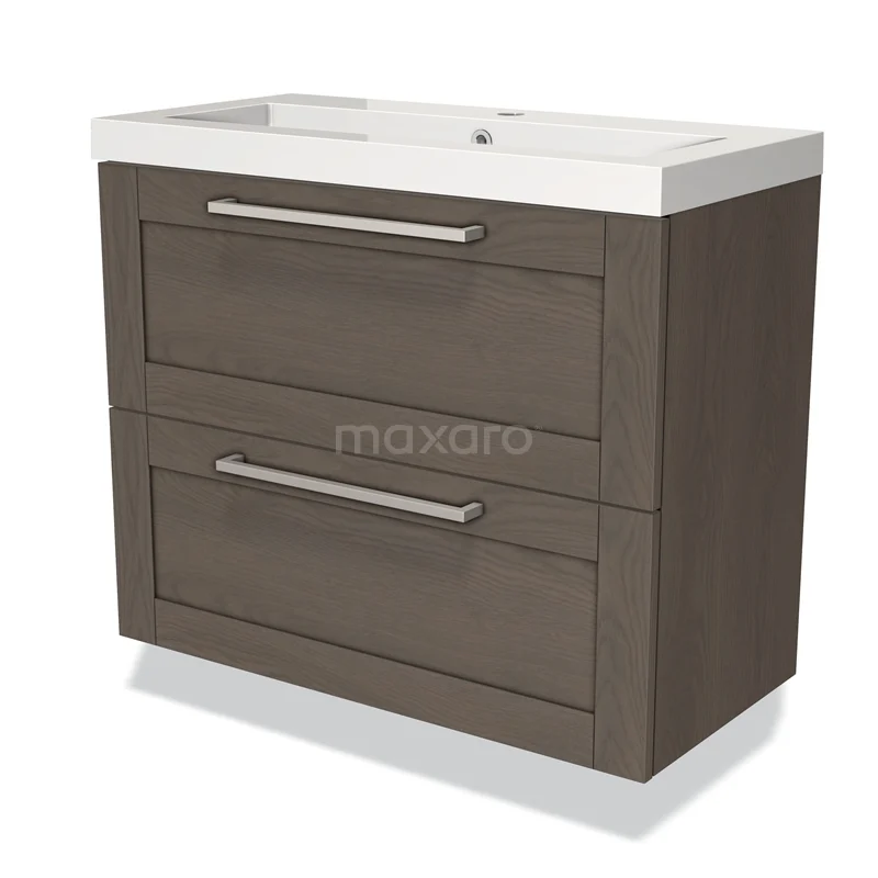 Houten badkamermeubel met twee lades, donker eiken kleur, keramische wastafel, modern design, ideaal voor badkameropslag.