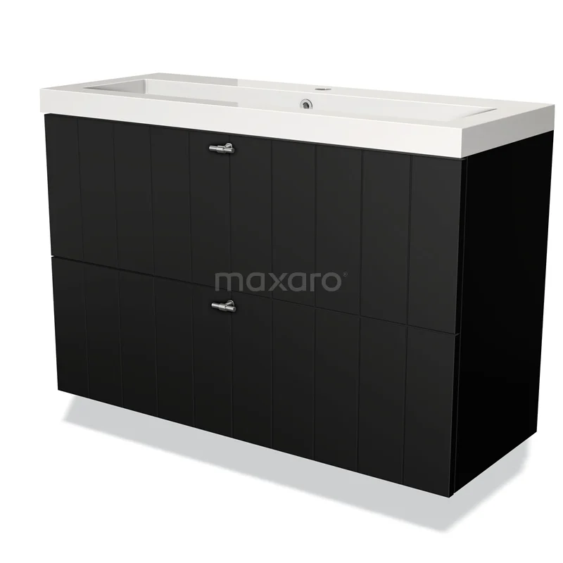 Zwart hoogglans badkamermeubel met twee lades en een witte wastafel, modern ontwerp van duurzame houtlook.