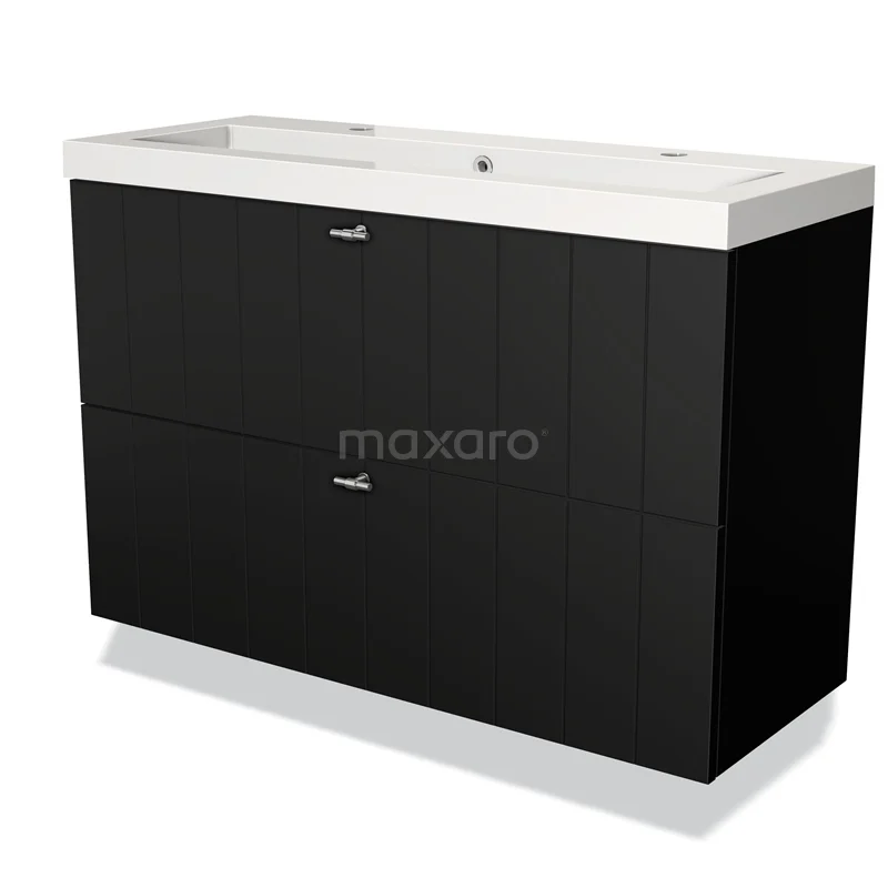 Zwart zwevend badkamermeubel met dubbeldeurskast en glanzend witte wastafel, modern design van hoogwaardig houtmateriaal.