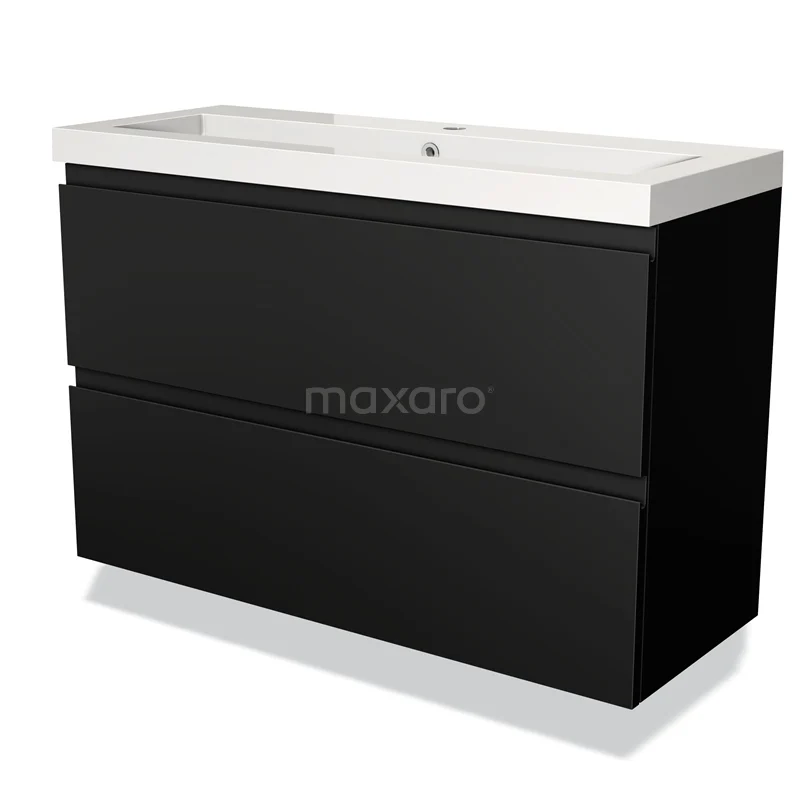 Zwarte badkamermeubelset met dubbele lade, strak design en witte keramische wastafel, perfect voor moderne badkamers.
