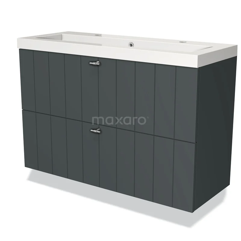 Donkergrijs wastafelmeubel met dubbele witte wastafel, verticale panelen en twee lades, ideaal voor moderne badkamers.