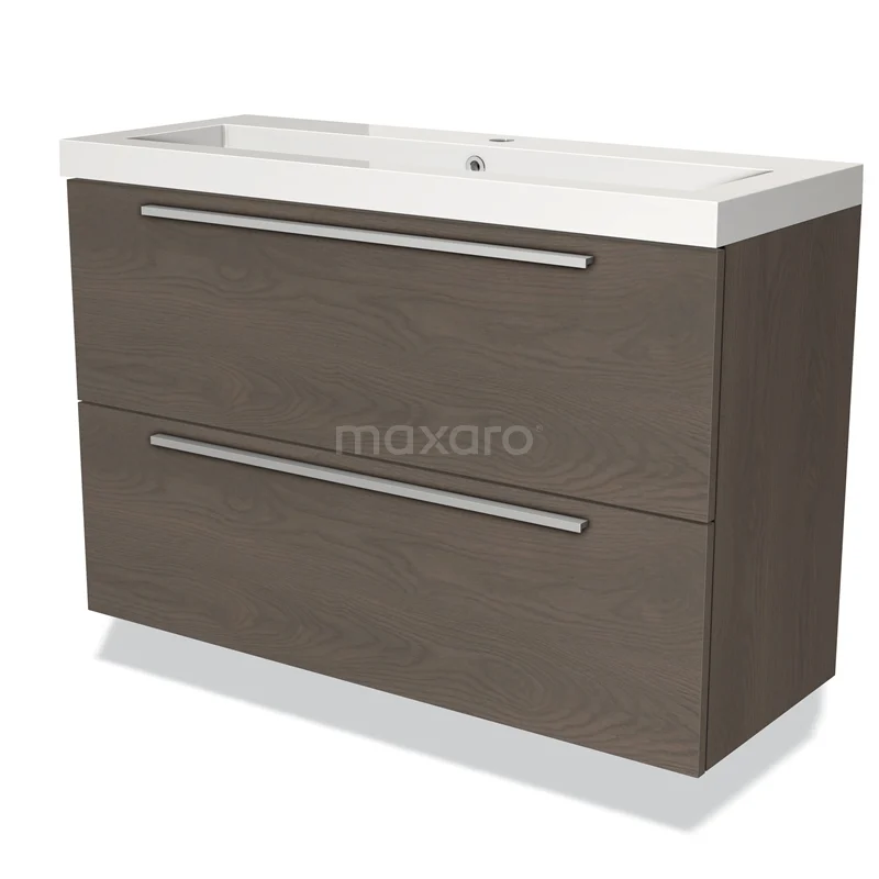 Wastafelmeubel houtlook bruin met dubbele lades en chromen handgrepen, ideaal voor moderne badkamerinrichting.