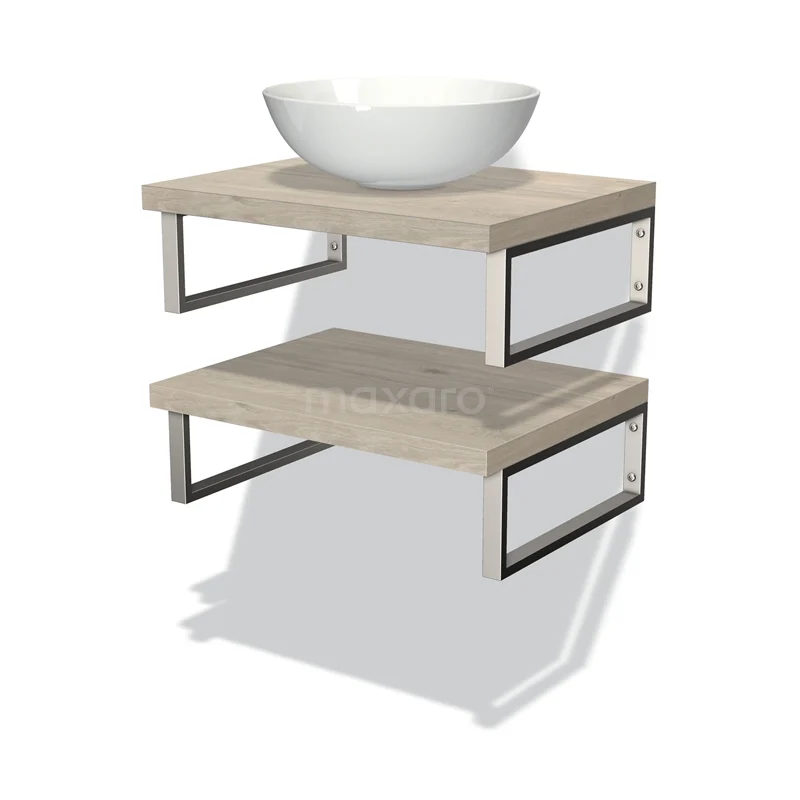 Badmöbel für Aufsatzwaschbecken 60 cm Modulo Plato Hellgraue Eiche 2 Waschtischplatten BMK06-00016 Wandregalset Badezimmer aus Holz mit Schwarz Metallrahmen, einschließlich runder weißer keramischer Aufsatzwaschbecken, modernes und minimalistisches Design.