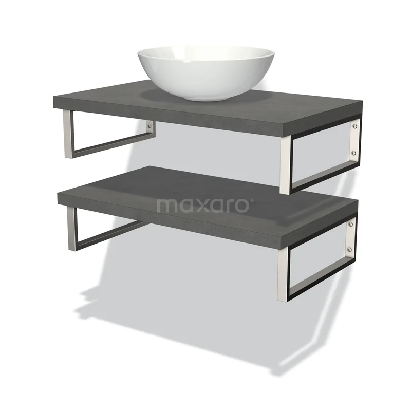 Badmöbel für Aufsatzwaschbecken 80 cm Modulo Plato Dunkelgrauer Beton 2 Waschtischplatten BMK06-00056 Graue Holz-Badezimmerregalset mit Metallrahmen und weißem Aufsatzwaschbecken, moderne Aufbewahrungslösung für das Badezimmer.