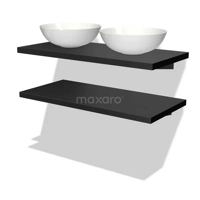 Badmöbel mit Konsole 100 cm Modulo Plato Matt Schwarz 2 Waschtischplatten BMK06-00057 Schwarzes schwebendes Waschtischbordset mit klaren Linien, einschließlich zwei weißen Aufsatzwaschbecken, ideal für ein modernes Badezimmer.
