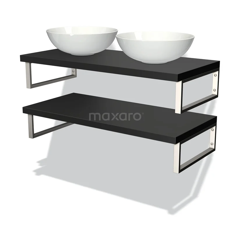 Badmöbel mit Konsole 100 cm Modulo Plato Matt Schwarz 2 Waschtischplatten BMK06-00058 Doppelwaschbecken-Set mit schwarzen Regalen, weißen keramischen Aufsatzwaschbecken und metallischen Aufhängungen für ein stilvolles Badezimmer.