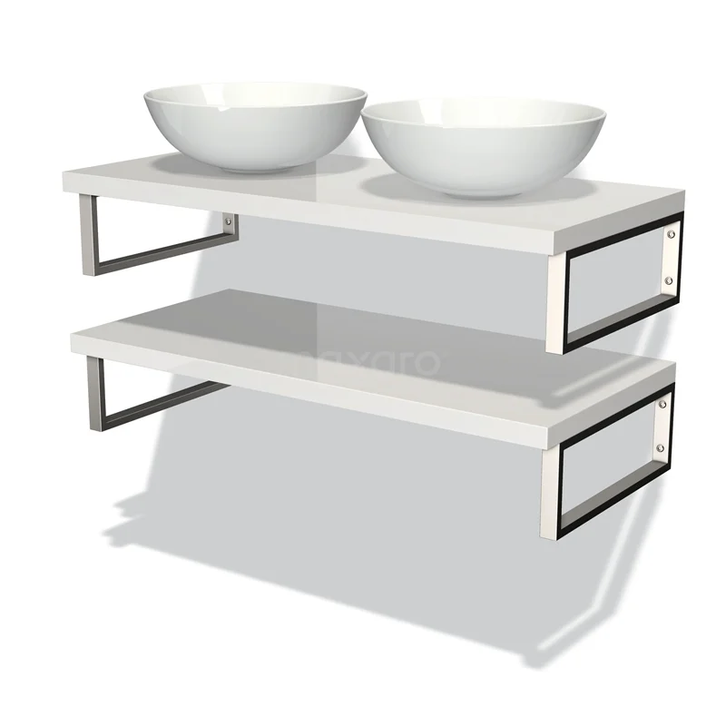 Badmöbel für Aufsatzwaschbecken 100 cm Modulo Plato Hochglanz Weiß 2 Waschtischplatten BMK06-00062 Weißes Doppelwaschbecken mit zwei runden Aufsatzwaschbecken, minimalistisches Design und matt schwarzem Rahmen, perfekt für moderne Bäder.