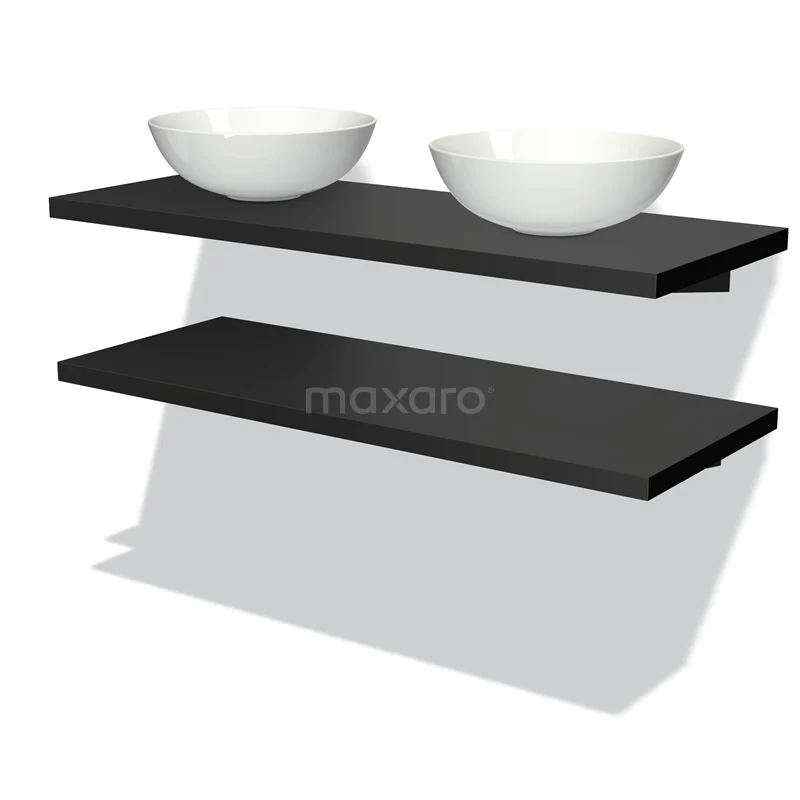 Badmöbel für Waschtischunterschrank mit Konsole 120 cm Modulo Plato Matt Schwarz 2 Waschtischplatten BMK06-00085 Zweites Schwarz Badmöbel mit doppeltem weißen Aufsatzwaschbecken, modernes Design aus Holz, geeignet für stilvolle Bäder.