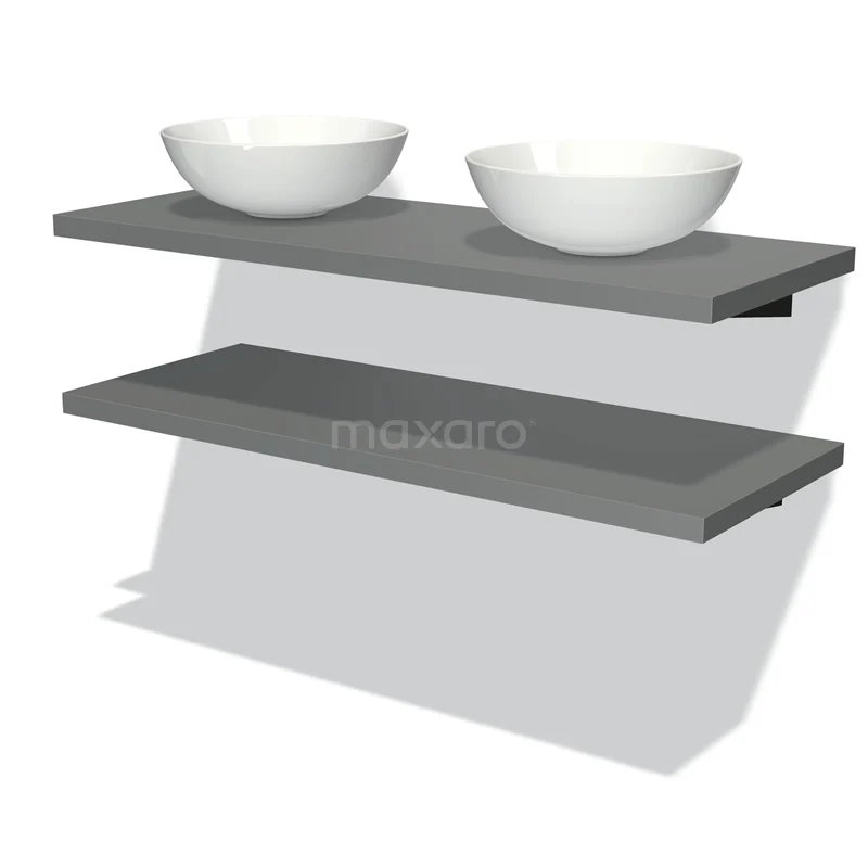 Badmöbel für Waschtischunterschrank mit Konsole 120 cm Modulo Plato Mittelgrau 2 Aufsatzwaschbeckenplatten BMK06-00087 Graue schwebende Waschtischboard mit doppelten weißen Aufsatzwaschbecken, modernes Design, ideale Badezimmerlagerlösung.