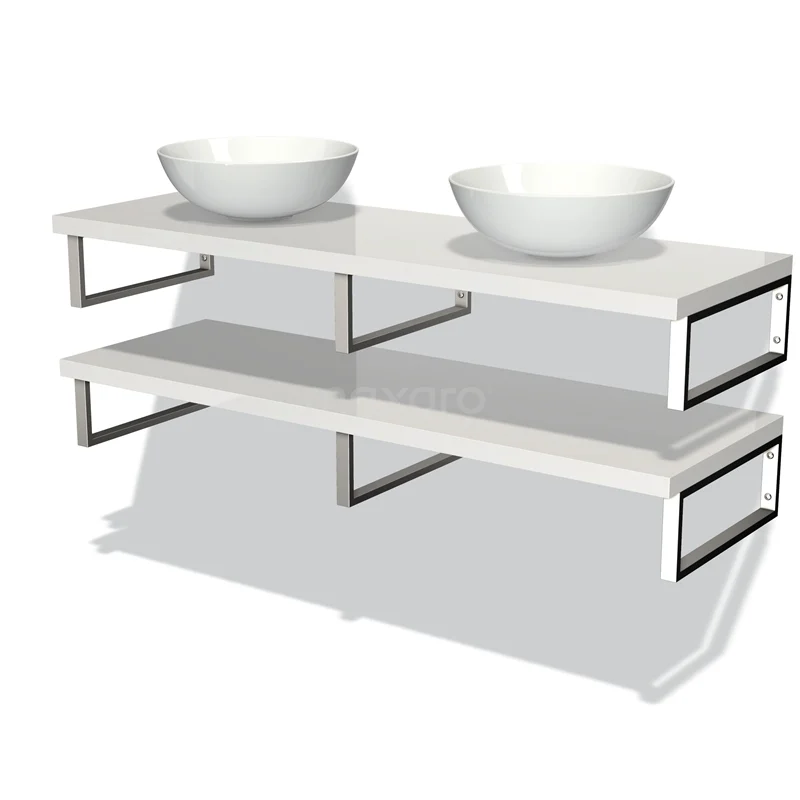 Badmöbel für Aufsatzwaschbecken 140 cm Modulo Plato Hochglanz Weiß 2 Waschtischplatten BMK06-00118 Weißes Doppelwaschtischmöbel mit Metallrahmen, ausgestattet mit zwei runden Aufsatzwaschbecken und offener Ablage, ideal für moderne Bäder.