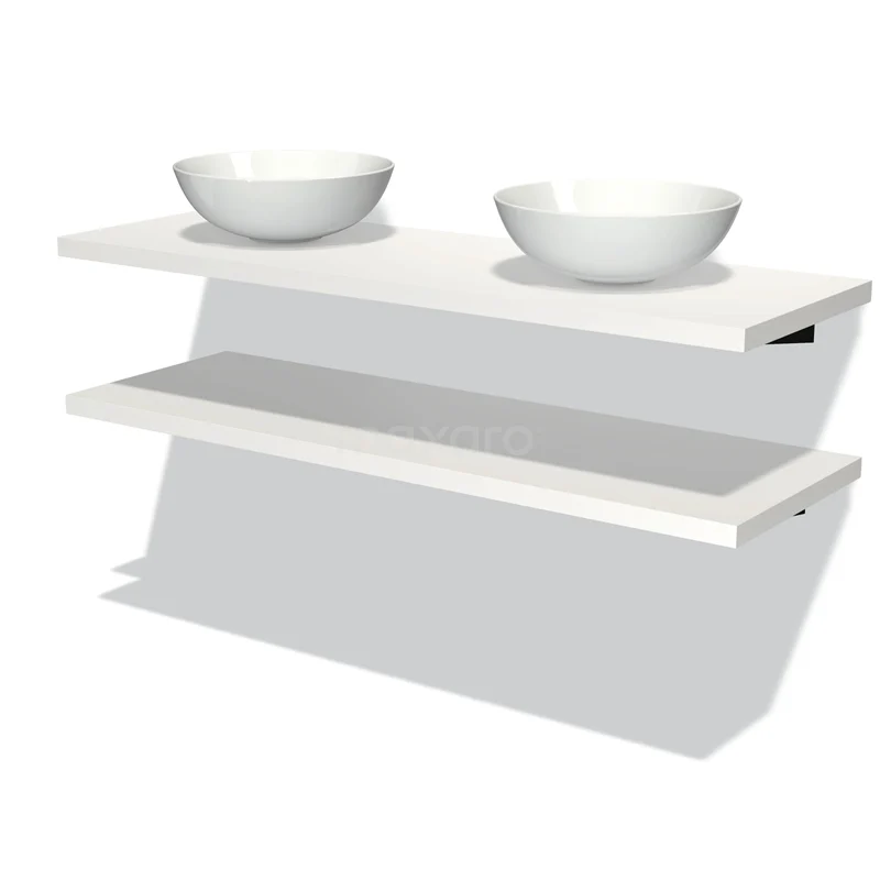 Badmöbel mit Konsole 140 cm Modulo Plato Matt Weiß 2 Aufsatzwaschbeckenplatten BMK06-00119 Weißes Badezimmermöbel mit Doppelwaschbecken, modernes Design, zwei Ebenen und klare Formgebung, perfekt für ein stilvolles Badezimmer.