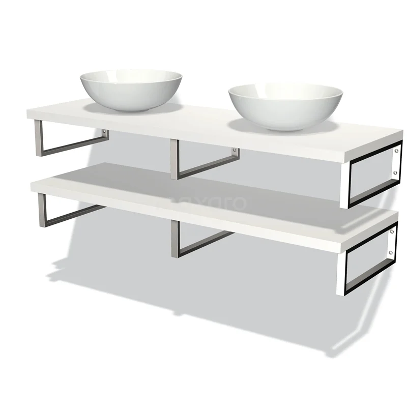 Badmöbel mit Konsole 140 cm Modulo Plato Matt Weiß 2 Aufsatzwaschbeckenplatten BMK06-00120 Weißes Doppel-Waschtischmöbel mit verchromten Rahmen, einschließlich zwei runden keramischen Aufsatzwaschbecken, ideal für moderne Bäder.