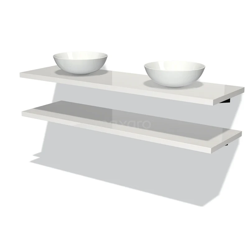 Badmöbel für Aufsatzwaschbecken 160 cm Modulo Plato Hochglanz Weiß 2 Waschtischplatten BMK06-00143 Doppelte weiße Waschbecken mit modernem Design, inkl. schwebendem Badezimmermöbel und spiegelnder Oberfläche, ideal für ein luxuriöses Badezimmer.