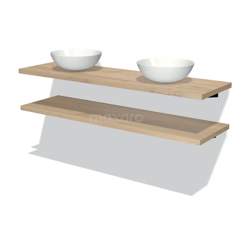 Badmöbel für Aufsatzwaschbecken 160 cm Modulo Plato Hellbraune Eiche 2 Waschtischplatten BMK06-00147 Eichenholz-Waschtischplatte mit zwei weißen Aufsatzwaschbecken, ideal für eine moderne Badezimmergestaltung.