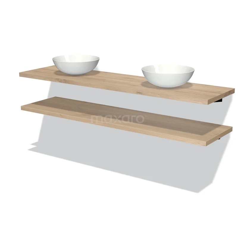 Houten badkamerplank met twee witte waskommen, modern design, ideale opbergoplossing voor stijlvolle badkamers.