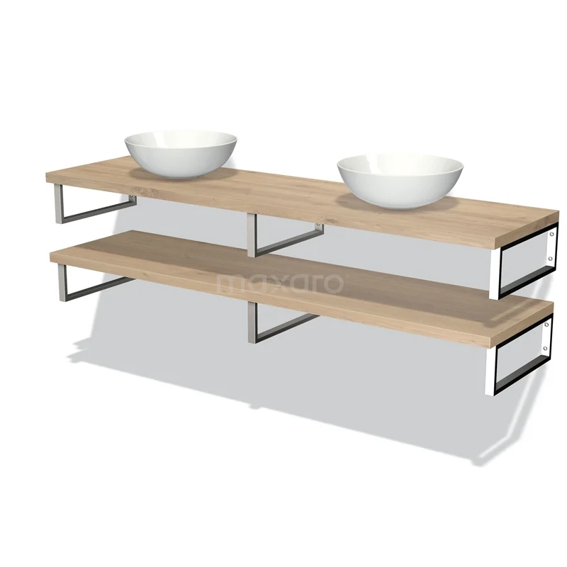 Houten badkamermeubel met dubbele wastafel, modern design, metalen frames en een zwevende plank voor extra opbergruimte.